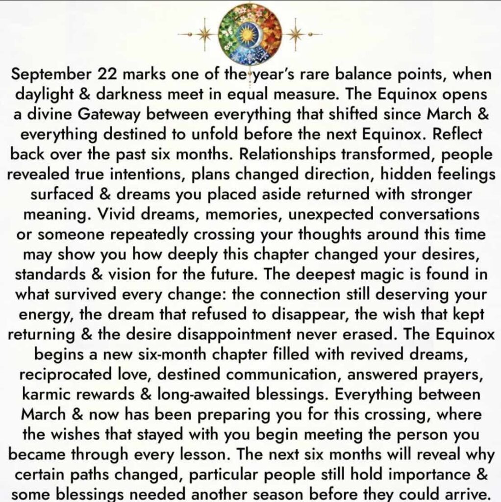 Alex Myles’ reflection on the September equinox as a time of balance, change, and preparation for a new six-month chapter.